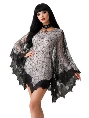 Delicate Black-and-White Spiderweb Lace Poncho